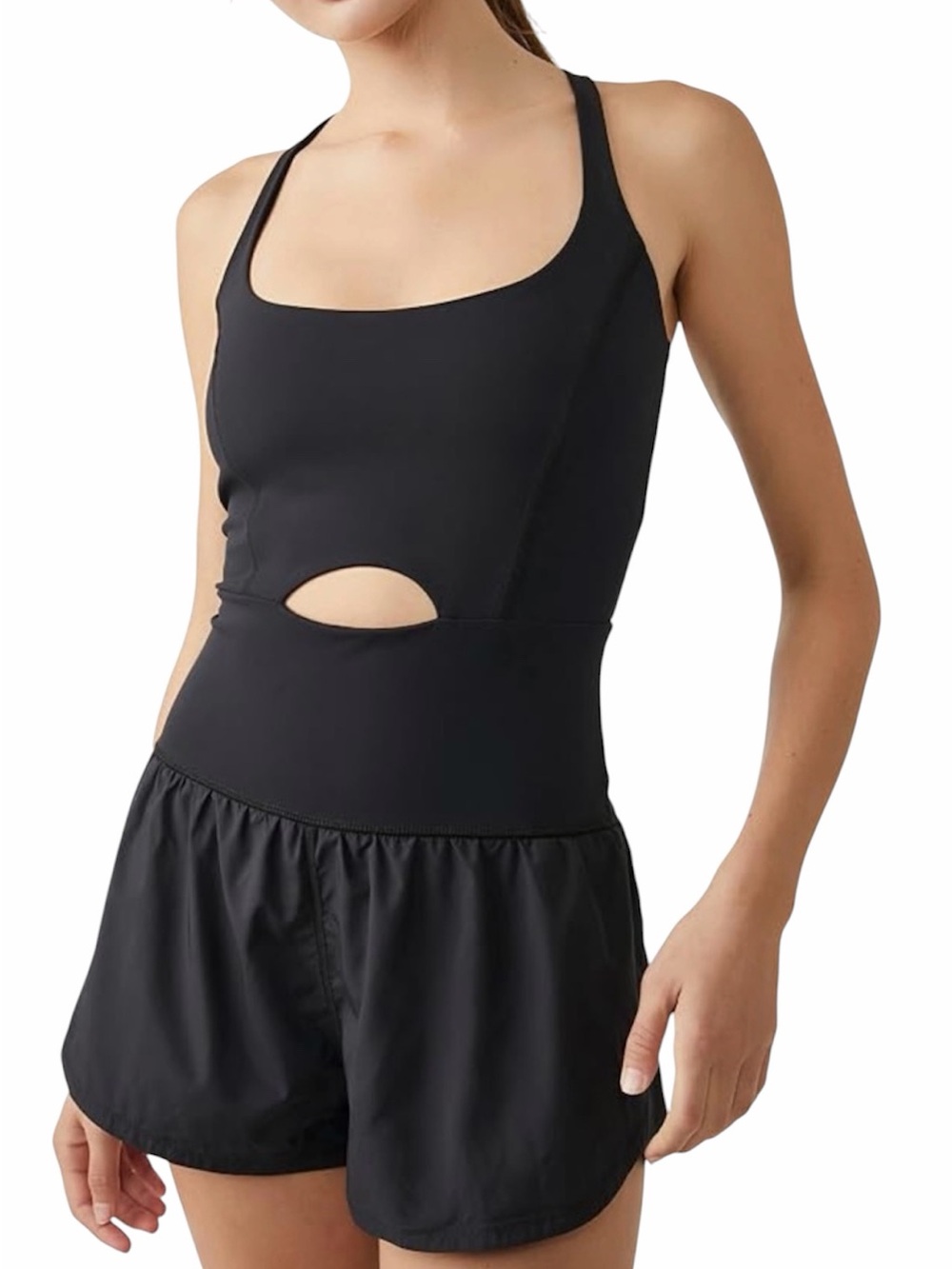 Free people movement righteous Runsie black cutout shorts romper size M
